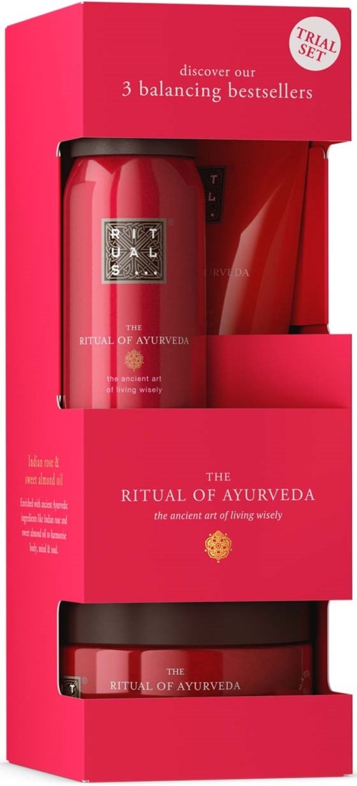 Hautpflege-Set in pinker Verpackung mit zwei Flaschen, beschriftet 'The Ritual of Ayurveda', fördert Balance und Wohlbefinden.