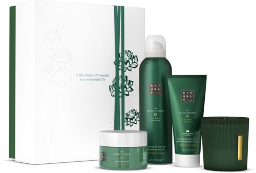 Zestaw zielonych produktów do pielęgnacji skóry z białym tekstem, w tym spray, krem i żel w pudełku.