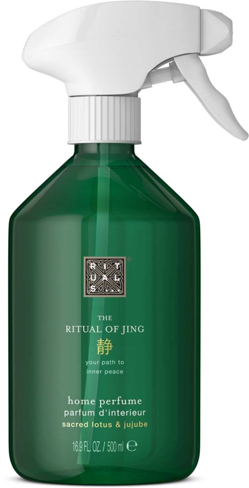Vihreä suihkepullo, jossa lukee 'The Ritual of Jing', kotiparfymi lotus- ja jasmintuoksuilla, 500 ml.