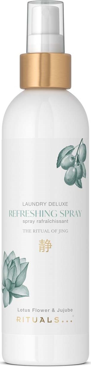Valkoinen suihkepullo, jossa on kultainen korkki, koristeena kasvien kuvia, merkinnällä 'Refreshing Spray' Ritualsilta.