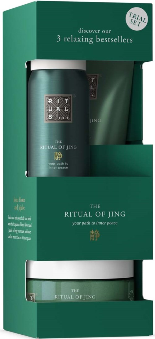 Zielony zestaw zawiera butelkę i słoik. Promuje produkty relaksacyjne 'The Ritual of Jing' dla spokoju.