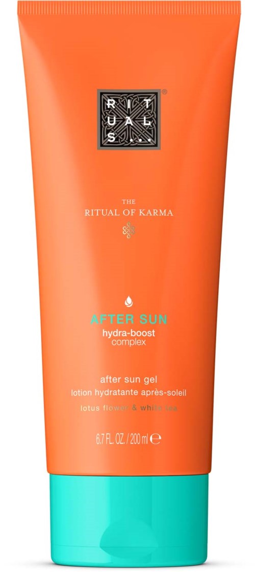 Orangene und türkisfarbene Sonnencreme-Flasche mit Text zu After Sun und Hydra-Boost-Komplex. Enthält 200 ml.