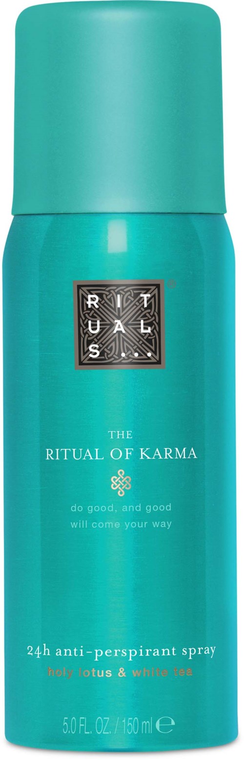 En turkos sprayflaska med etiketten "The Ritual of Karma" för 24 timmars deodorant, blommig doft.