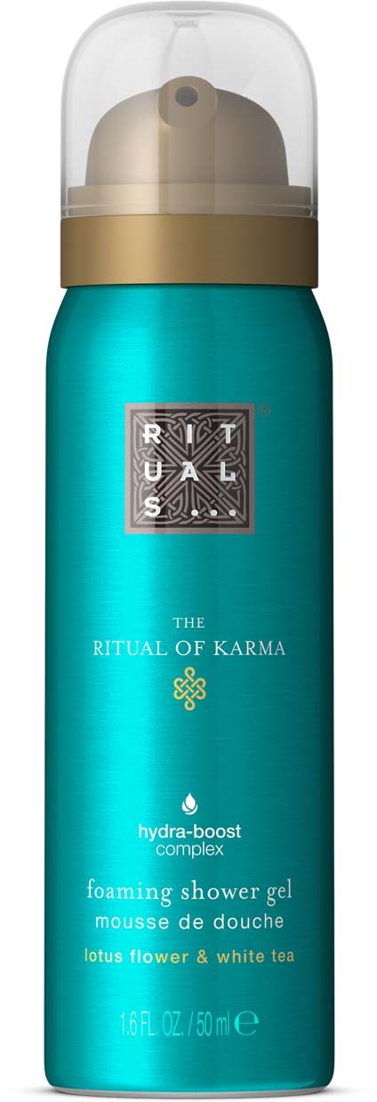 A teal bottle with a gold cap, labeled 'Rituals The Ritual of Karma' foaming shower gel, lotus flower and white tea.