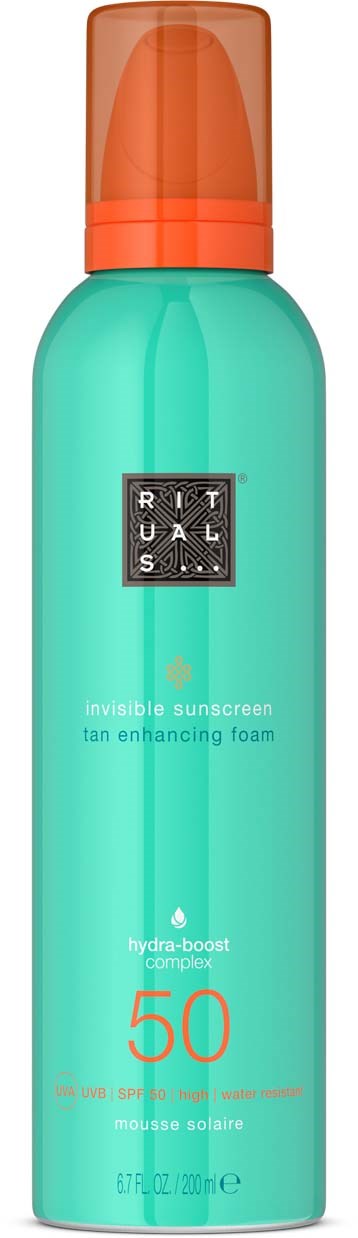 Ein türkisfarbene Flasche mit orangefarbenem Deckel, gekennzeichnet mit Sonnenschutz SPF 50, mit Markenname und Produkteigenschaften.