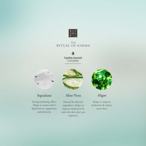 Three natural ingredients: Squalane, Aloe Vera, and Algae, each aids skin hydration and health.
