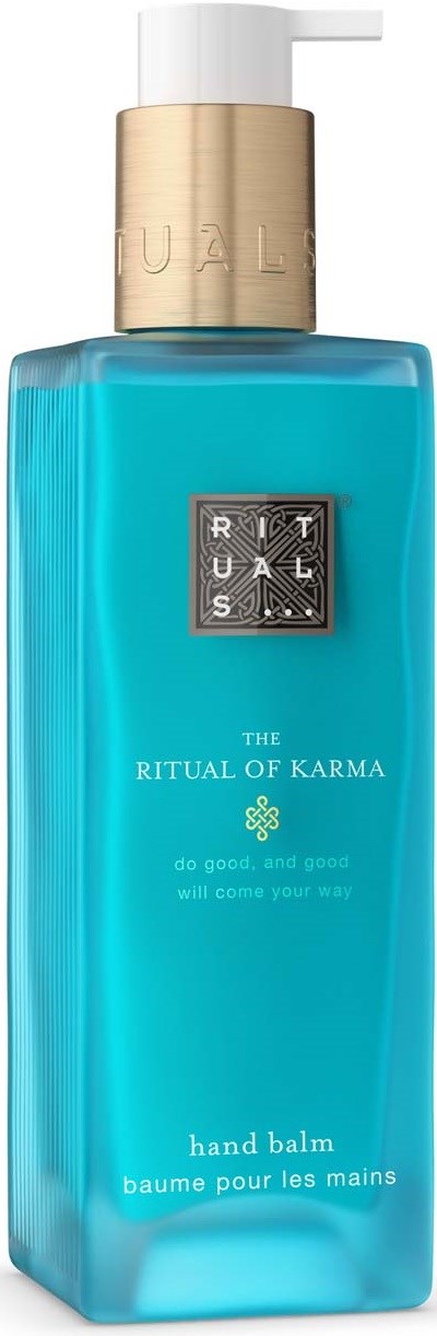 Blå håndbalm i en elegant flaske med gullhette, merket The Ritual of Karma, for håndpleie.