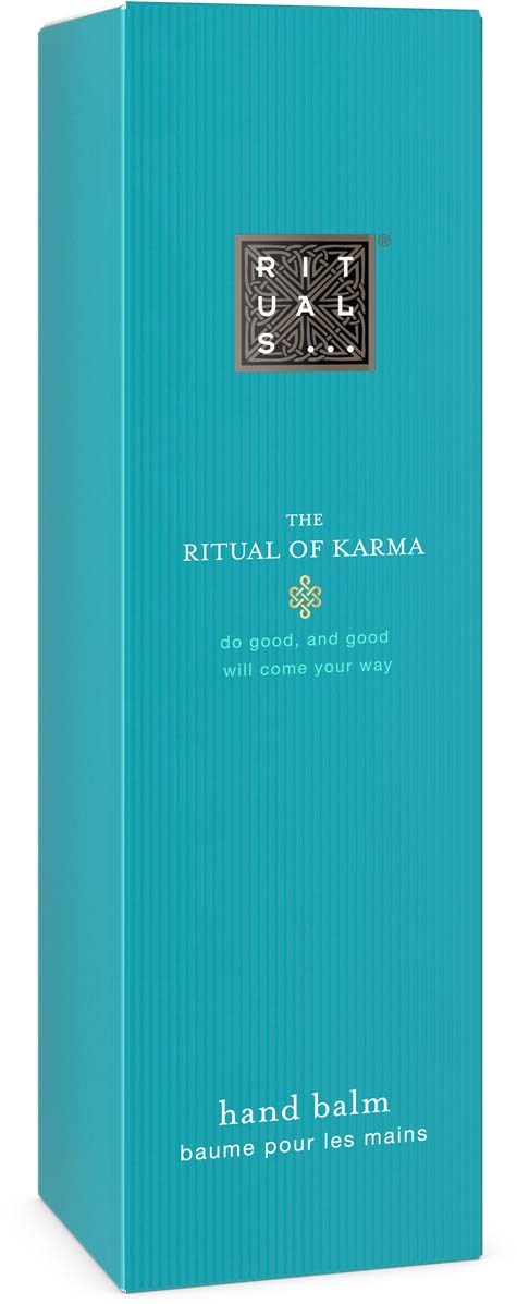 Lang blå eske med Rituals-logo og tekst for håndbalm på forsiden.