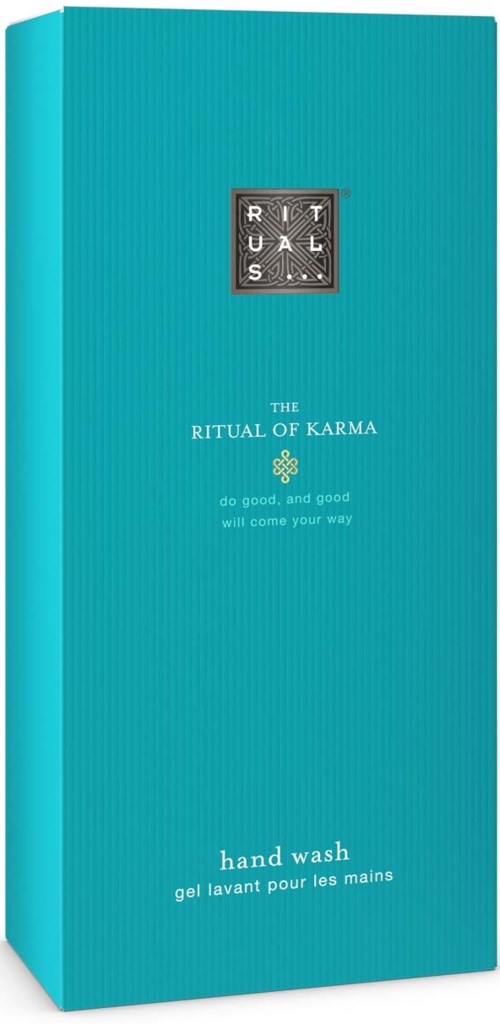 Eine türkise Box mit Rituals-Logo, Text über Karma und Handwäsche, und eine kleine Grafik in der Mitte.