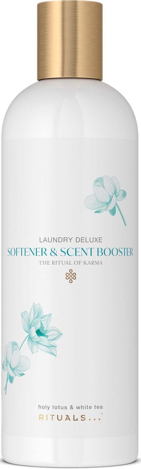 En hvit flaske med gullkapsel, merket Laundry Deluxe Softener & Scent Booster, med blomstermønster og sommerfugl.