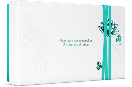 Weiße Schachtel mit einem tealfarbenen Gurt und einfachem Blumendesign. Der Text lautet: "Happiness can be found in the smallest of things."