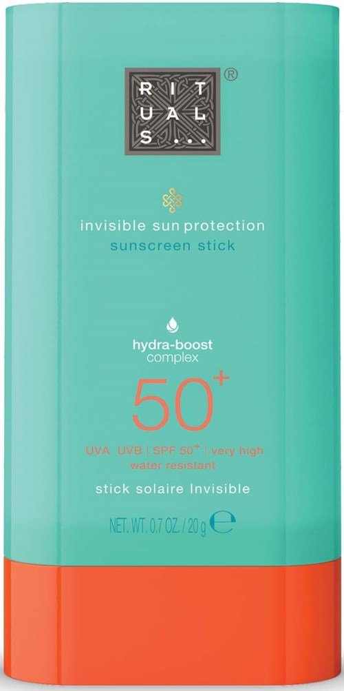 Ein türkiser Sonnenschutzstift mit rotem Boden, gekennzeichnet RPM, SPF 50+ und wasserdicht.