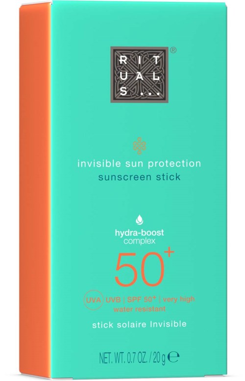 Eine Schachtel mit Sonnencremestick mit 50+ Sonnencremschutz, als unsichtbar und wasserfest gekennzeichnet.