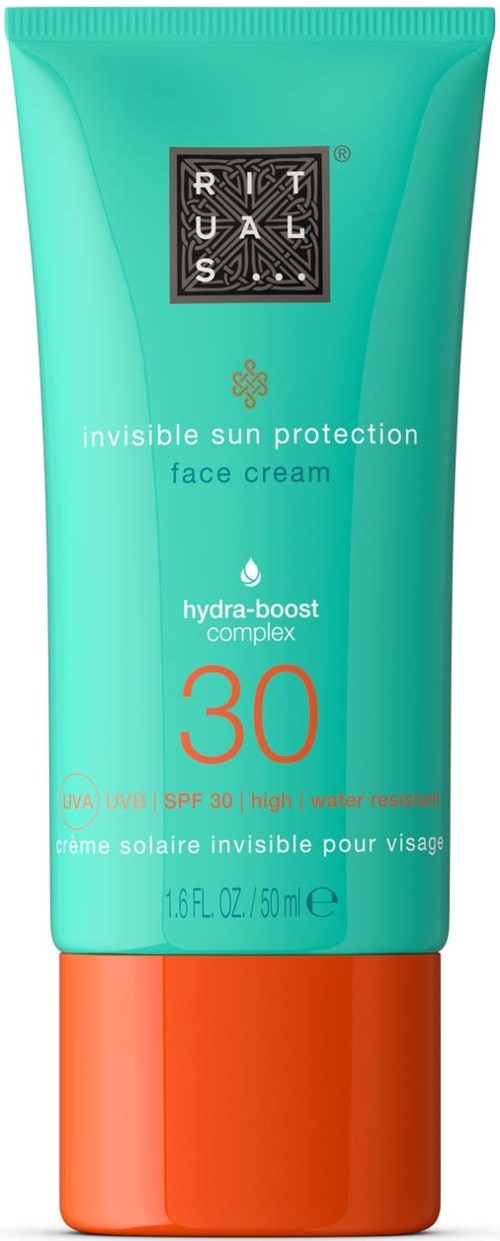 Ein türkisfarbener Tube mit orangerem Deckel, bietet Sonnenschutz mit SPF 30, von RITUALS.