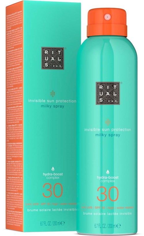 Turkoosit suihkepullo ja laatikko, joissa lukee 'Invisible Sun Protection Milky Spray' ja SPF 30. Laatikon sivut ovat oranssit.