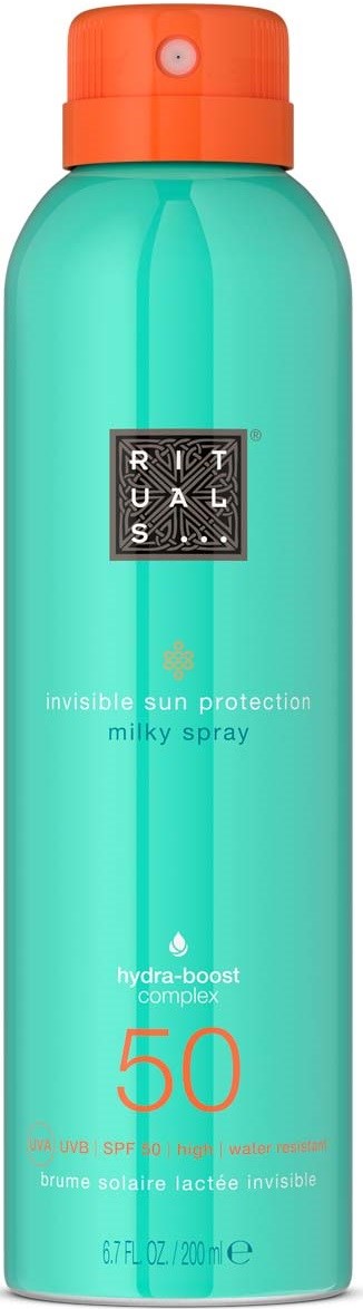 Eine türkisblaue Dose mit orangefarbigem Deckel, beschriftet 'Rituals' mit Sonnenschutz SPF 50, für Hautpflege.
