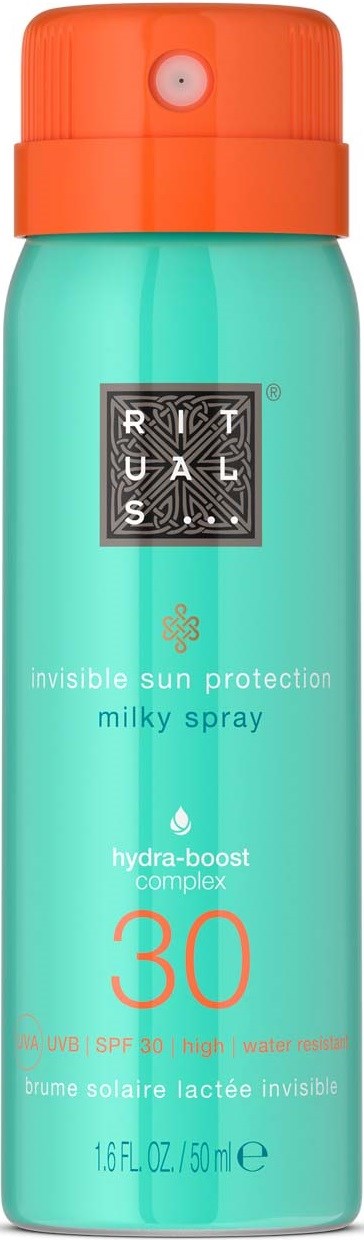 A turquoise spray bottle with an orange cap, labeled for sun protection with SPF 30, made by Rituals.