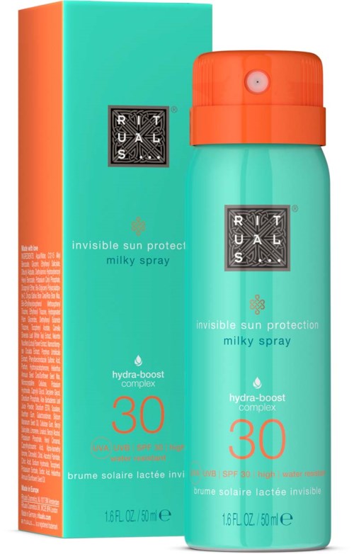 A turquoise spray bottle and box for sun protection with SPF 30, labeled as Milky Spray and Invisible Sun Protection.
