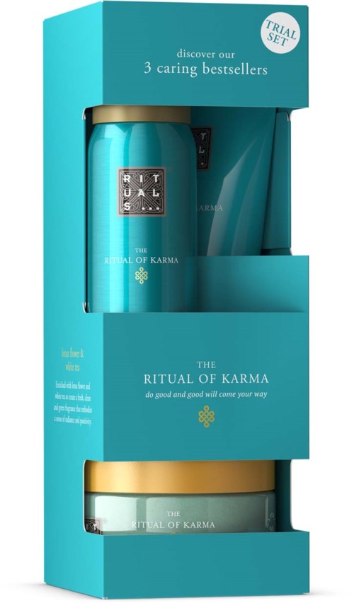 Eine türkise Box mit zwei Gläsern, beschriftet 'The Ritual of Karma', bewirbt beliebte Bestseller und ein Probierset.