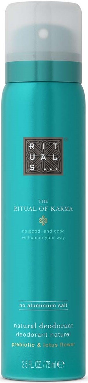 Eine türkisfarbene Sprayflasche mit "The Ritual of Karma" deodorant, natürlichen und probiotischen Inhaltsstoffen.