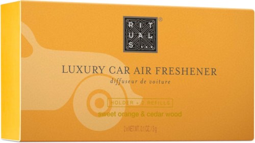 A box of luxury car air freshener with sweet orange and cedar wood scent, in yellow and orange colors.