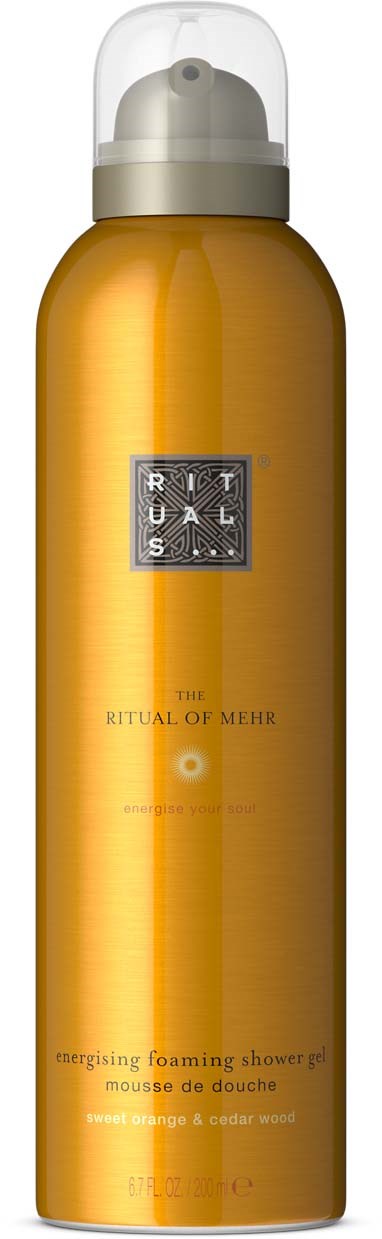 A tall, golden spray bottle with a clear cap, labeled Rituals The Ritual of Mehr, for shower foam.
