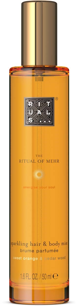 A tall, orange and gold bottle containing hair and body mist with a black and silver label.
