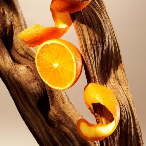 Orange slices and peel pieces are attached to a wooden, textured surface with a warm background.