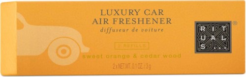 Luxury car air freshener with orange and cedar wood scent. Small, rectangular box with text and a black logo.