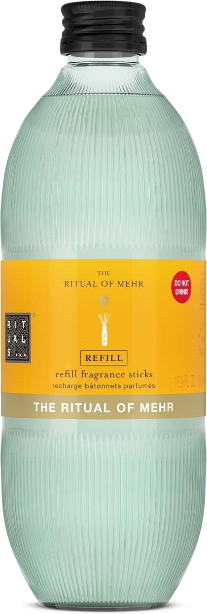 A clear plastic bottle with a black cap, containing fragrance sticks, labeled The Ritual of Mehr, yellow and gray label.