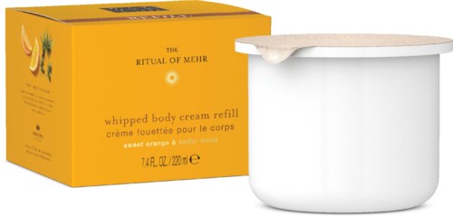 Box of whipped body cream refill with orange scent and a container with cream. It has a simple design and bright packaging.