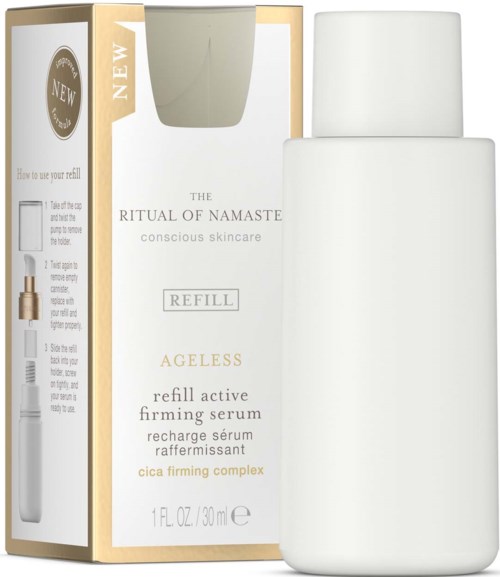 A white bottle and a box, labeled 'The Ritual of Namaste Refill Ageless,' are shown. The box provides instructions. Simple design.