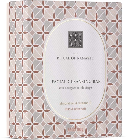 Box with a geometric pattern, label says 'Ritual of Namaste Facial Cleansing Bar, almond oil, vitamin E, soft.'
