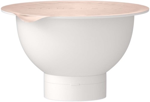 A modern bathtub with a rounded white base and a wooden top surface, designed for relaxing baths.