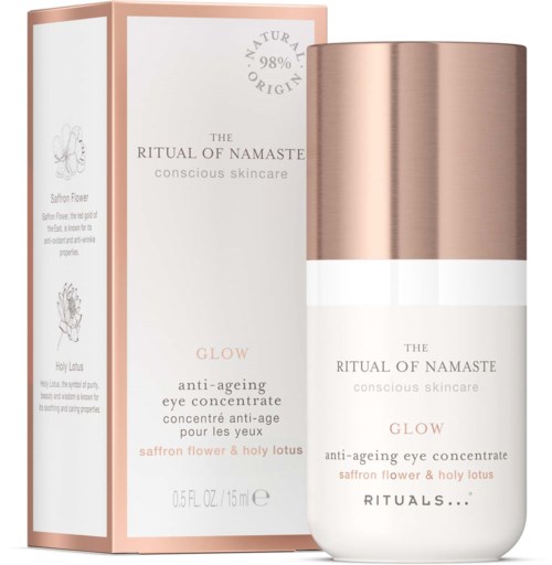 A skincare product with a rose gold and white container, next to a matching box. It promotes anti-ageing eye concentration.