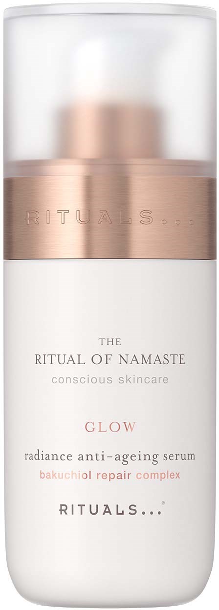 A white bottle with a golden cap and pink band, labeled as nourishing anti-aging serum by Rituals, for skin glow.