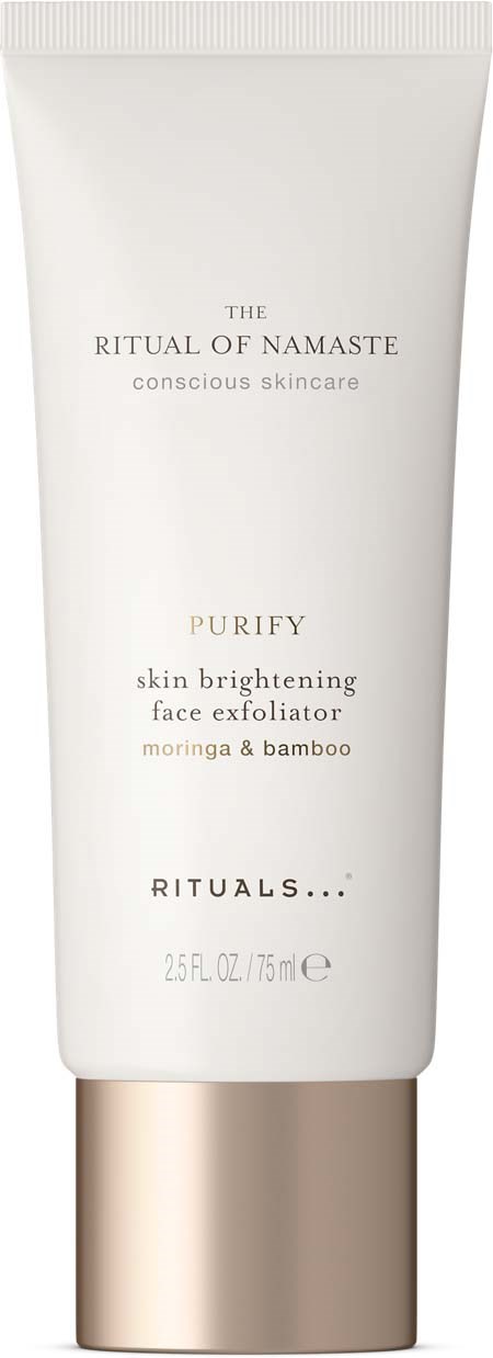 A white tube with gold cap, labeled as face exfoliator with ingredients like moringa and bamboo.