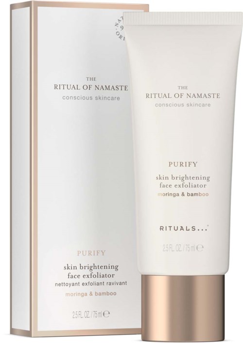 A skincare tube and box, both labeled "Purify" for face exfoliation and skin brightening, with natural ingredients mentioned.