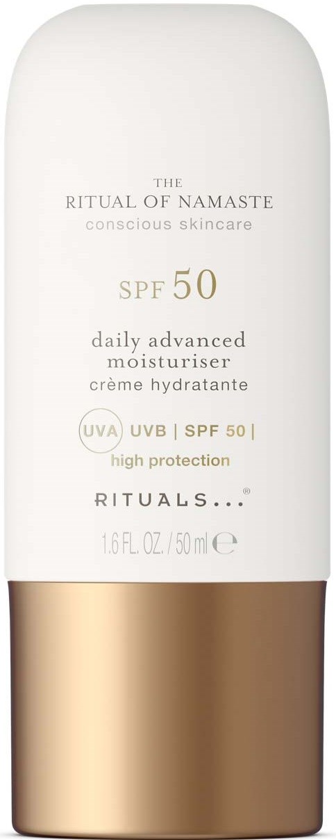 A white bottle with gold bottom, labeled Rituals SPF 50 daily moisturizer for skin protection.