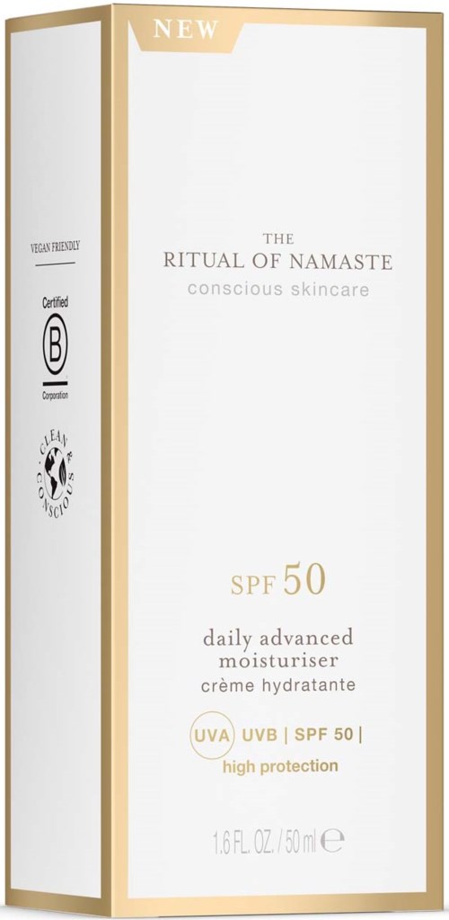 A skincare product box labeled 'The Ritual of Namaste' with SPF 50, designed for daily use. It mentions high protection.