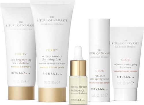 Sammlung von Hautpflegeprodukten inklusive Reinigungschaum, Gesichtspeeling, Anti-Aging-Creme und Reparaturkomplex mit natürlichen Inhaltsstoffen.