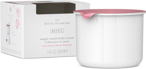 En vit burk med kroppskräm och rosa lock, och en box som markerar Ritual of Sakura ris mjölk och körsbärsblomma.
