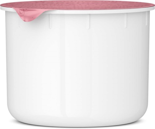 Stor vit behållare med rosa lock, delvis öppet, visar rosa inuti.