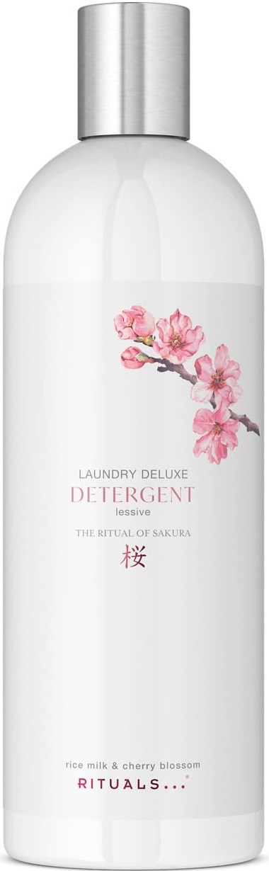 Eine weiße Flasche mit silbernem Deckel und rosa Kirschblüten, als Waschmittel mit Sakura-Motiv.
