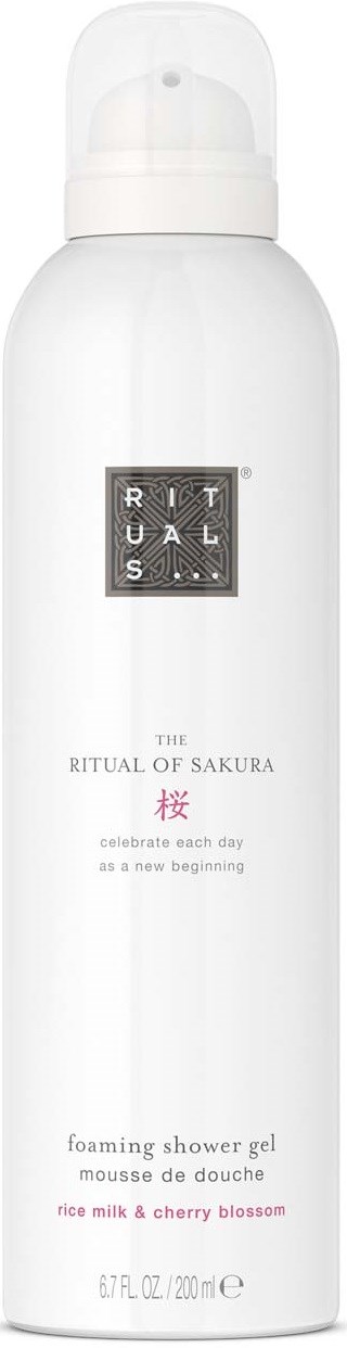 A white bottle with a pump, labeled Rituals, Sakura scent, rice milk, cherry blossom, foaming shower gel.