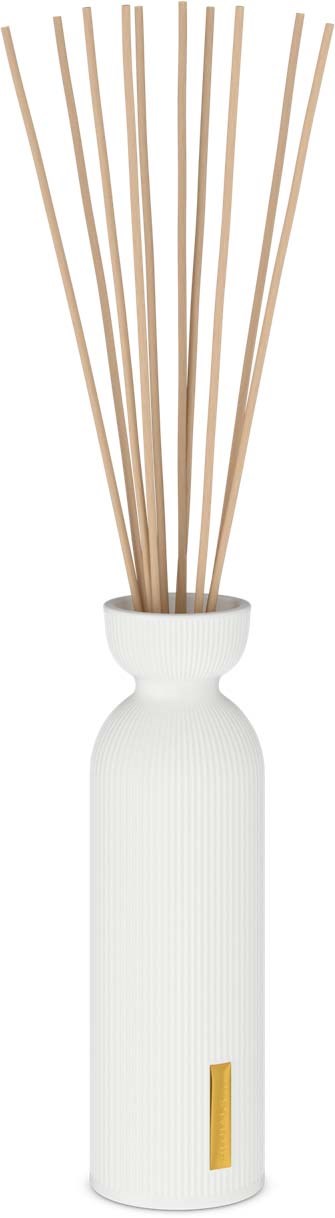 A white vase with bamboo sticks sticking out on a plain background.