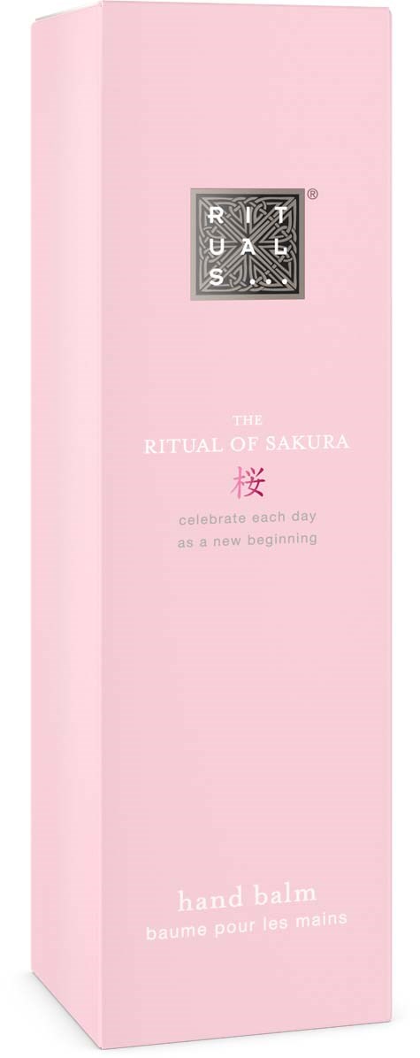 Rosa eske med Rituals-logo og tekst om Sakura håndkrem og å feire nye begynnelser.