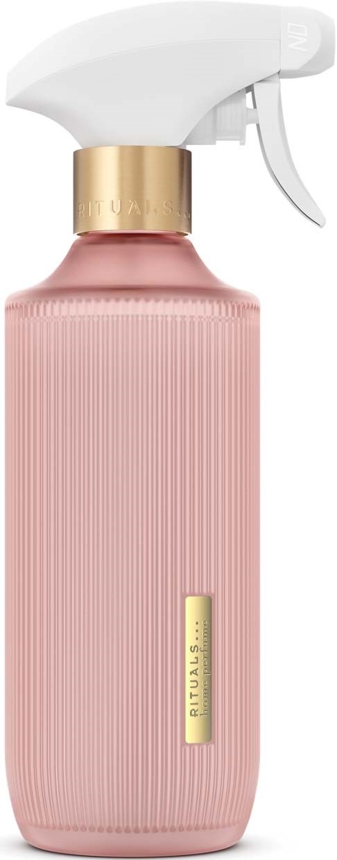 Rosafarbene Sprühflasche mit weißer Düse und Goldrand.