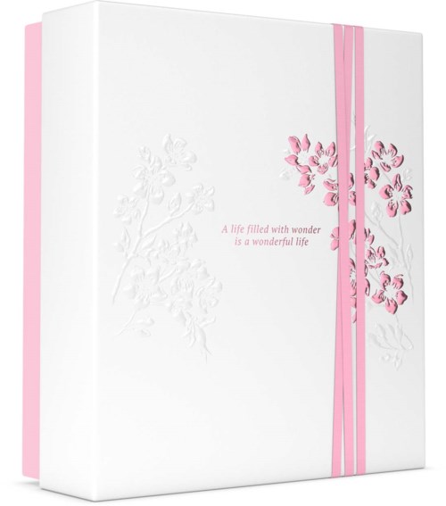 Ein weißes Album mit rosa Blumenmuster und rosa Streifen. Text: "A life filled with wonder is a wonderful life."