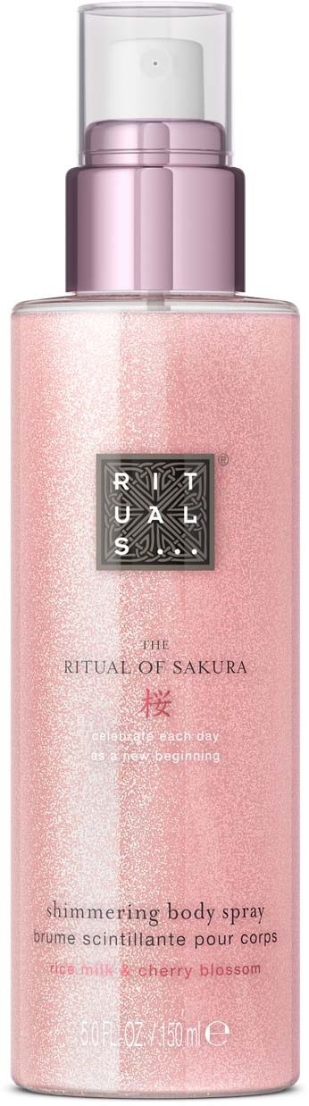 Rosafärgad skimmerande kroppssprayflaska med svart och silver etikett, kallad The Ritual of Sakura.